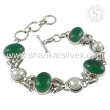 Beautiful combination of green onyx pearl gemstone bracelet 925 sterling silver bracelet indian silver jewelry